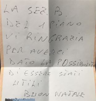 Il biglietto dei detenuti del carcere di Opera (Milano) dopo la Colletta alimentare.